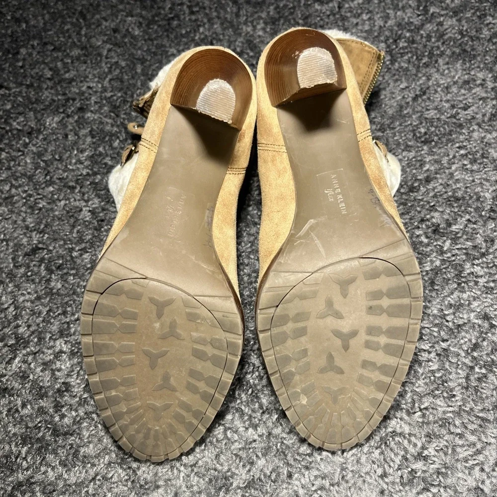 Annie Klein Tan 9.5 Leather Rolled Top Faux Fur Heel‎ Bootie Side Zip
